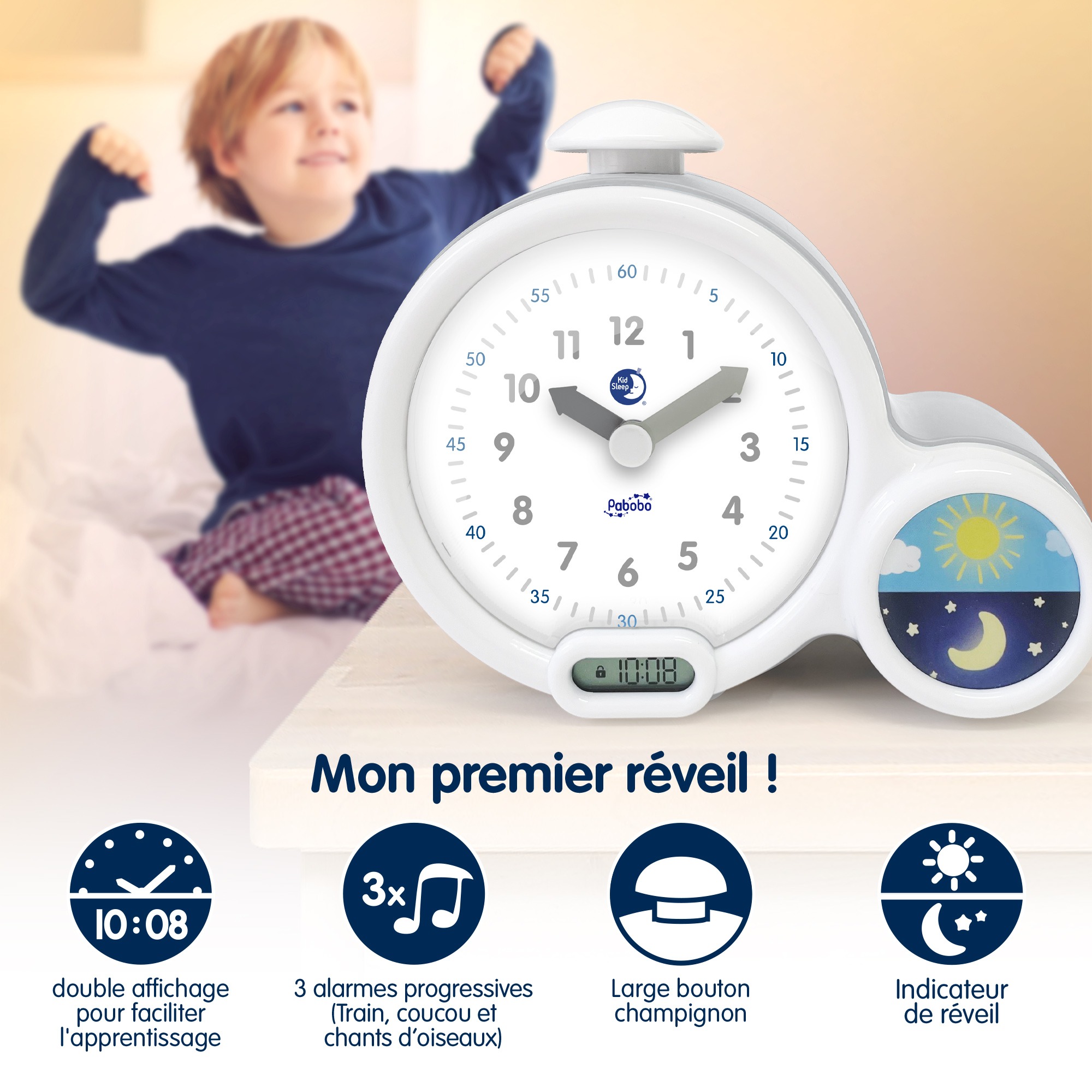 Radio-réveil Pabobo Claessens' kid - clock - réveil enfant educatif  jour/nuit lumineux - double affichage et 3 alarmes au choix - fonctionne  sur secteur ou à piles 